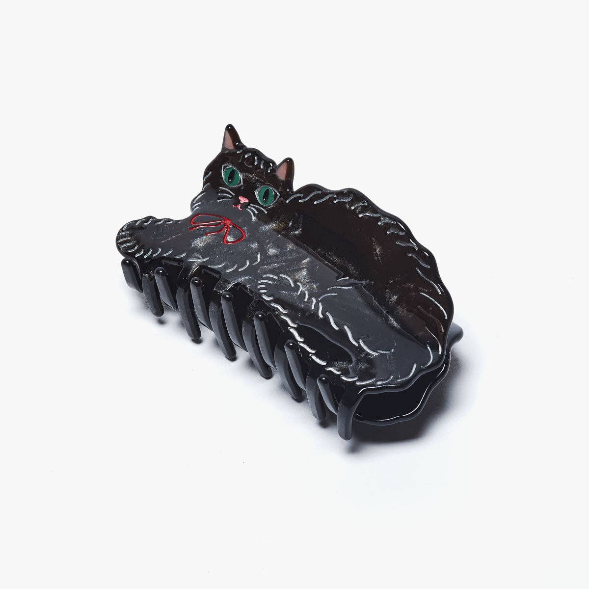 Pinza de pelo de gatito bonita y brillante de color negro con lazo rojo