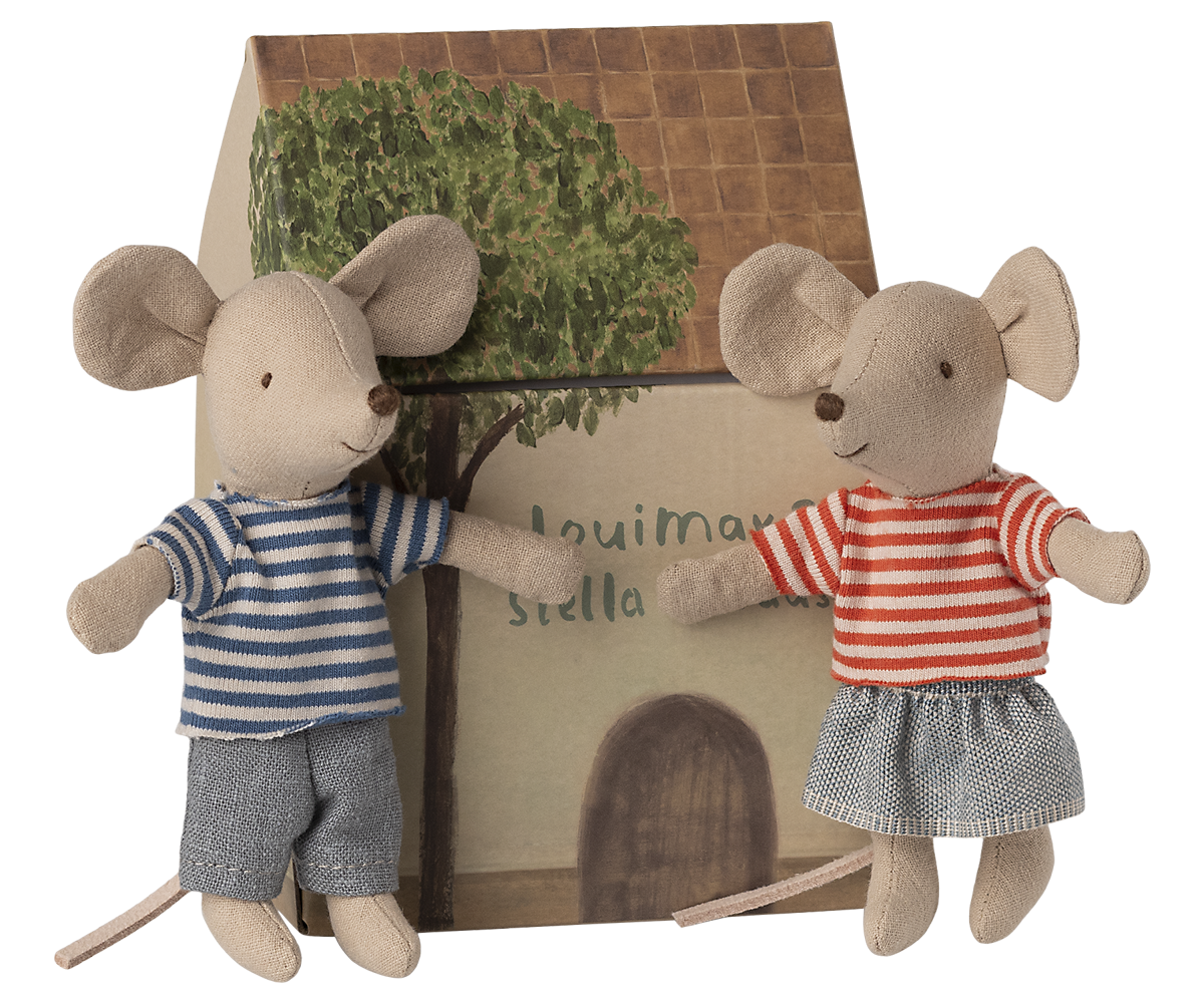 Ratones hermanos pequeños LouiMax y Stella con casita - Maileg