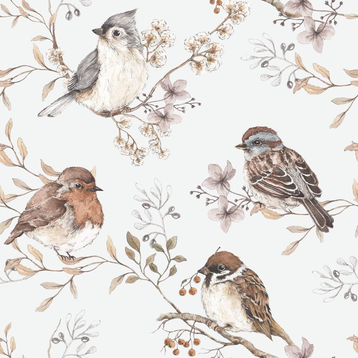 Papel Pintado Pájaros Blanco-Gris (Birds White-Gray Tapeta) – Dekornik
