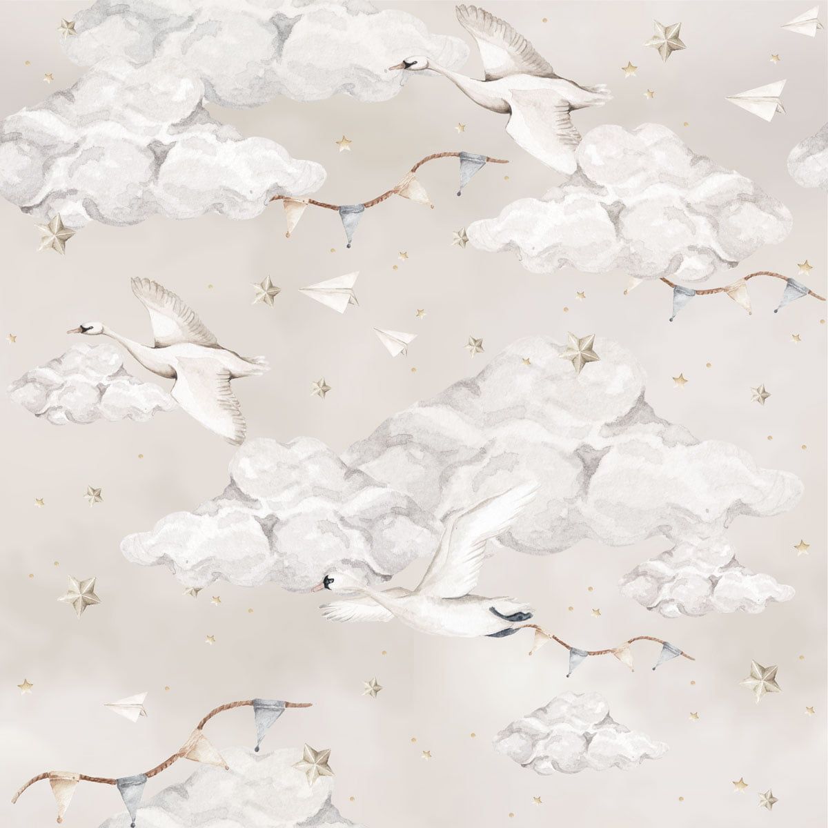 Papel Pintado Cisnes Mágicos Beige (Magic Swans Beige Tapeta) – Dekornik