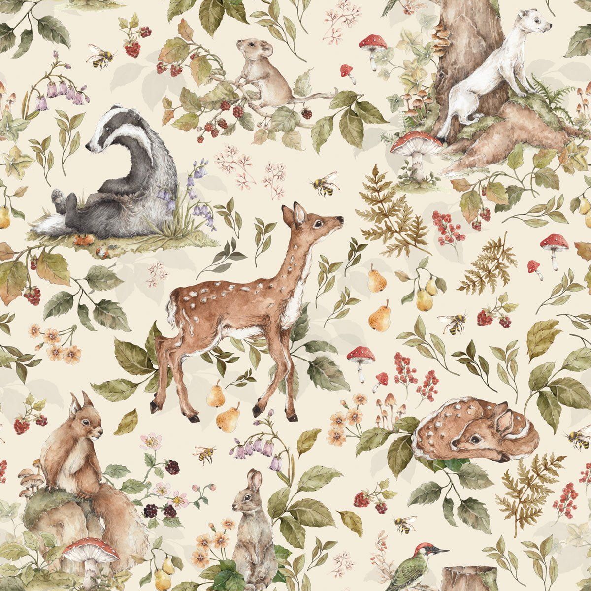 Papel Pintado Animales del Bosque Claro (Cute Forest Animals Light Tapeta) – Dekornik