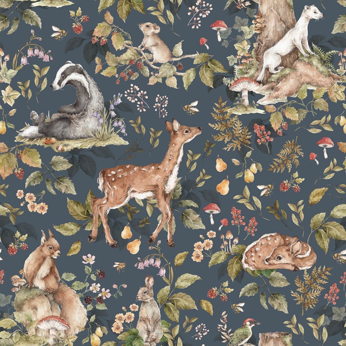 Papel Pintado Animales del Bosque Oscuro (Cute Forest Animals Dark Tapeta) – Dekornik