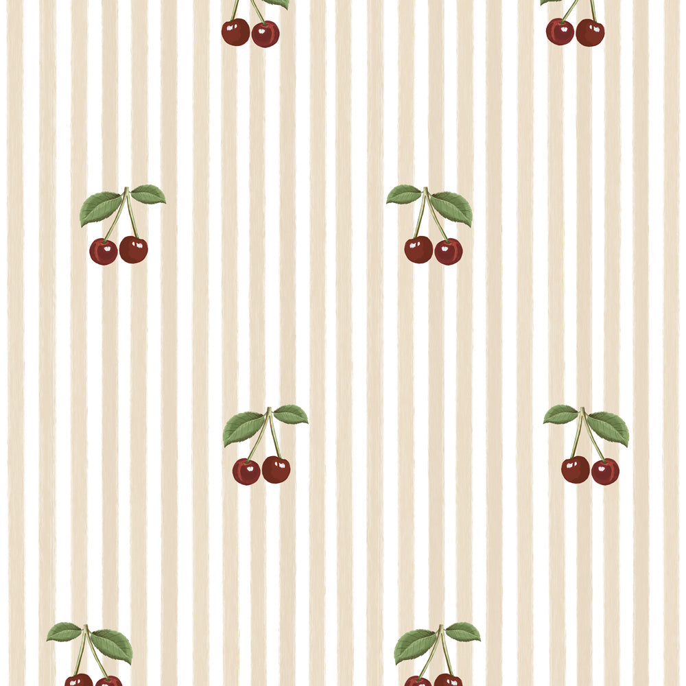 Pequeñas Cerezas sobre Rayas Beige (Little Cherries on Beige Stripes) – Dekornik