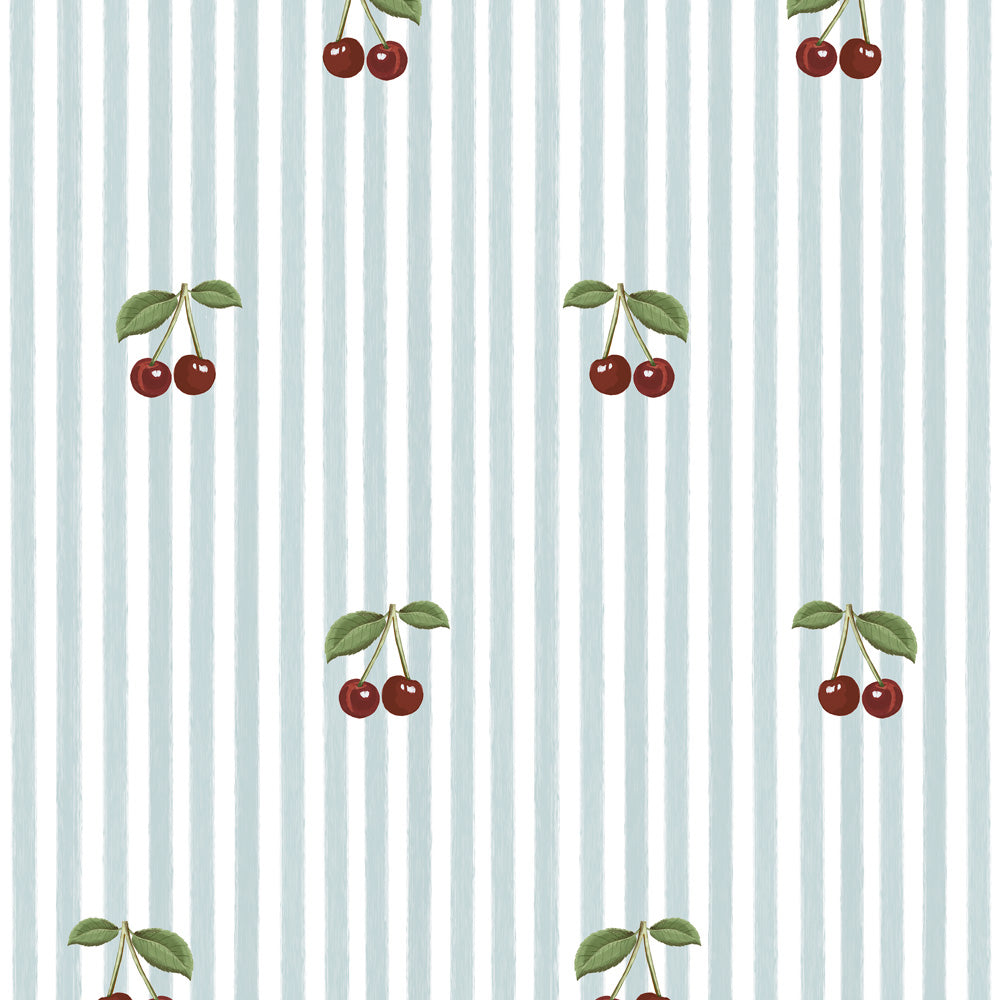 Pequeñas Cerezas sobre Rayas Azules (Little Cherries on Blue Stripes) – Dekornik