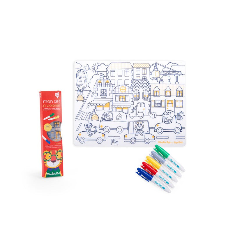 Set de mesa de silicona para colorear y 5 rotuladores Les Popipop - Moulin Roty