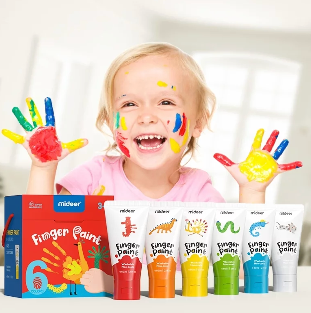 Pinturas para dedos con librito Mideer – 6 colores