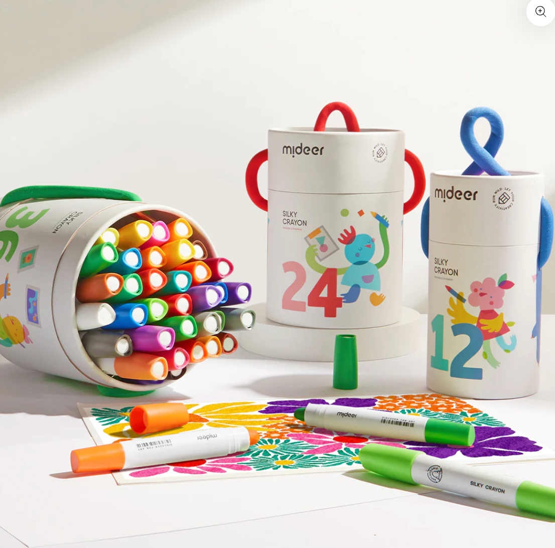 Cubeta de crayones suaves y lavables Silky Crayons Mideer – 12 colores