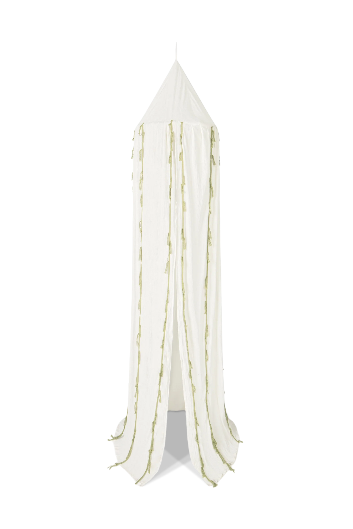Dosel de crepé Swan de Lorena Canals en marfil con volantes en tono matcha.