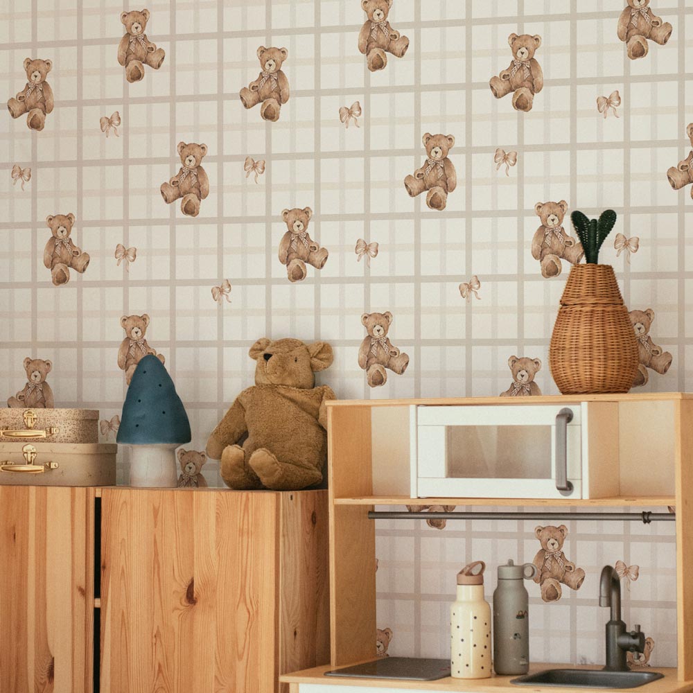 Ositos de peluche sobre cuadros beige (Teddy Bears on Check Beige) – Dekornik