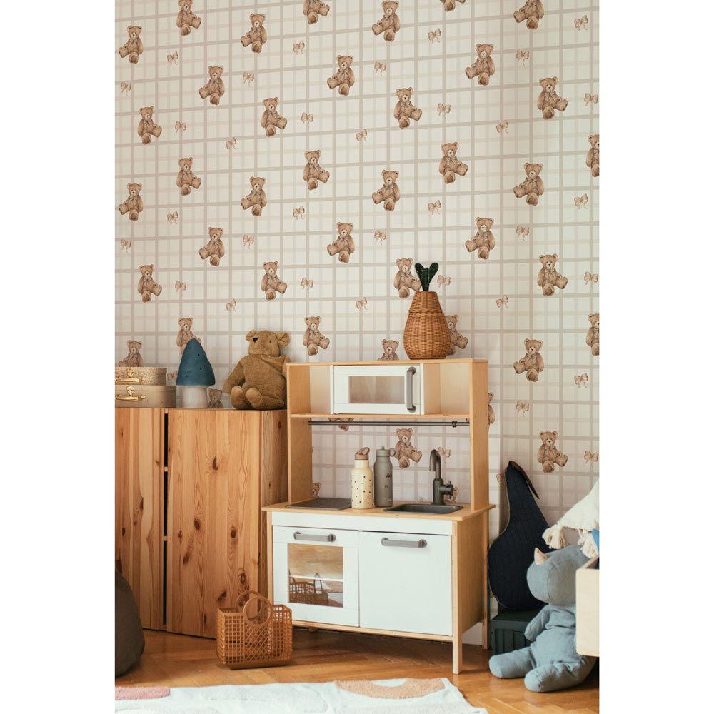 Ositos de peluche sobre cuadros beige (Teddy Bears on Check Beige) – Dekornik