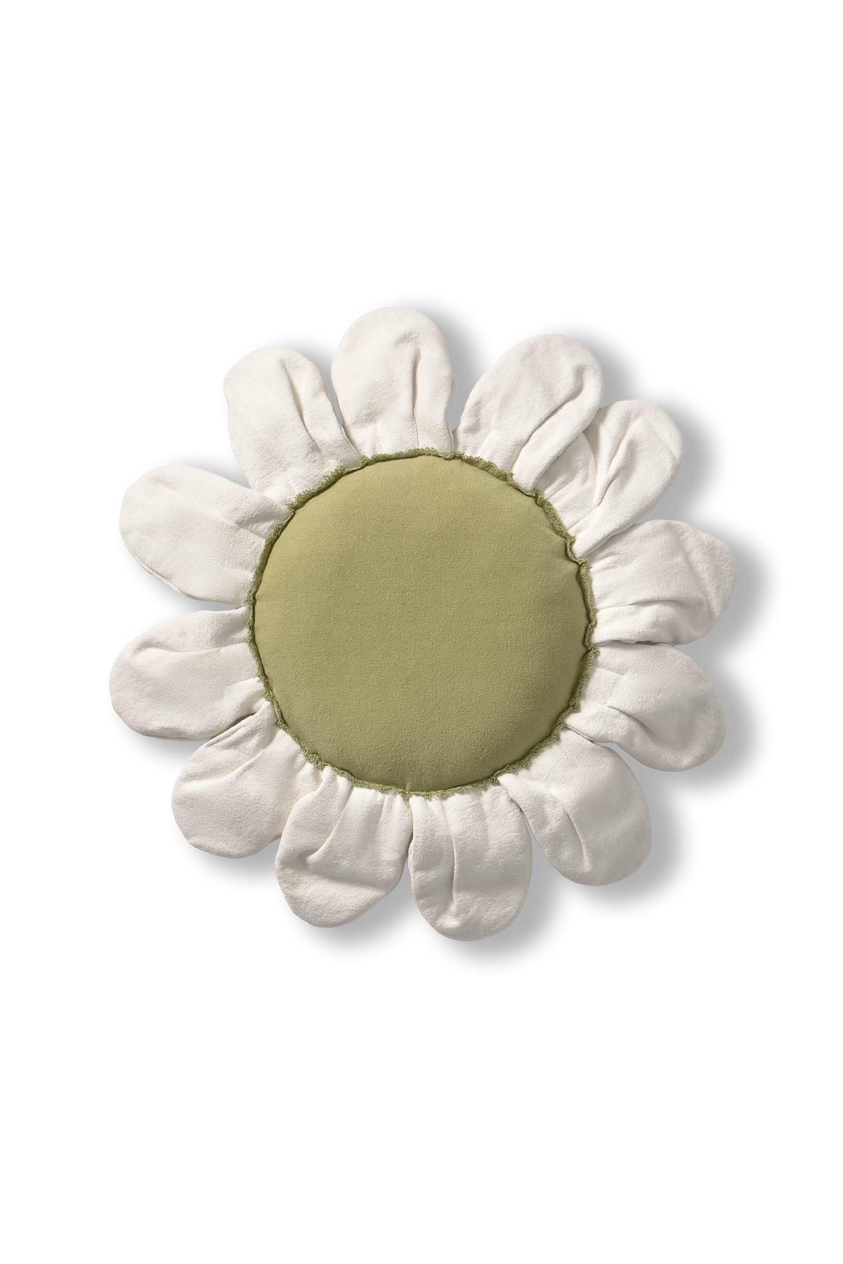 Reverso del cojín White Daisy, con centro liso de color oliva rodeado de pétalos en tono marfil.