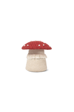 Cesta Mini Mushroom de Lorena Canals con base trenzada color natural y tapa roja con puntos blancos.