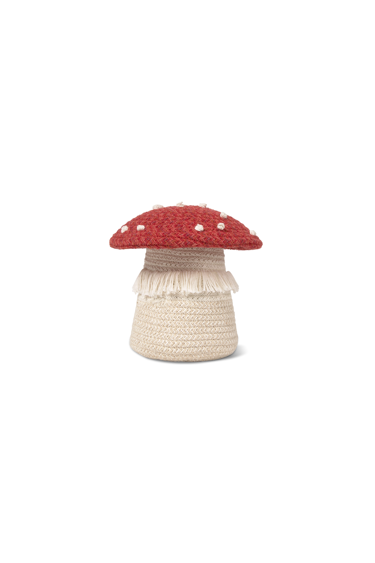 Cesta Mini Mushroom de Lorena Canals con base trenzada color natural y tapa roja con puntos blancos.