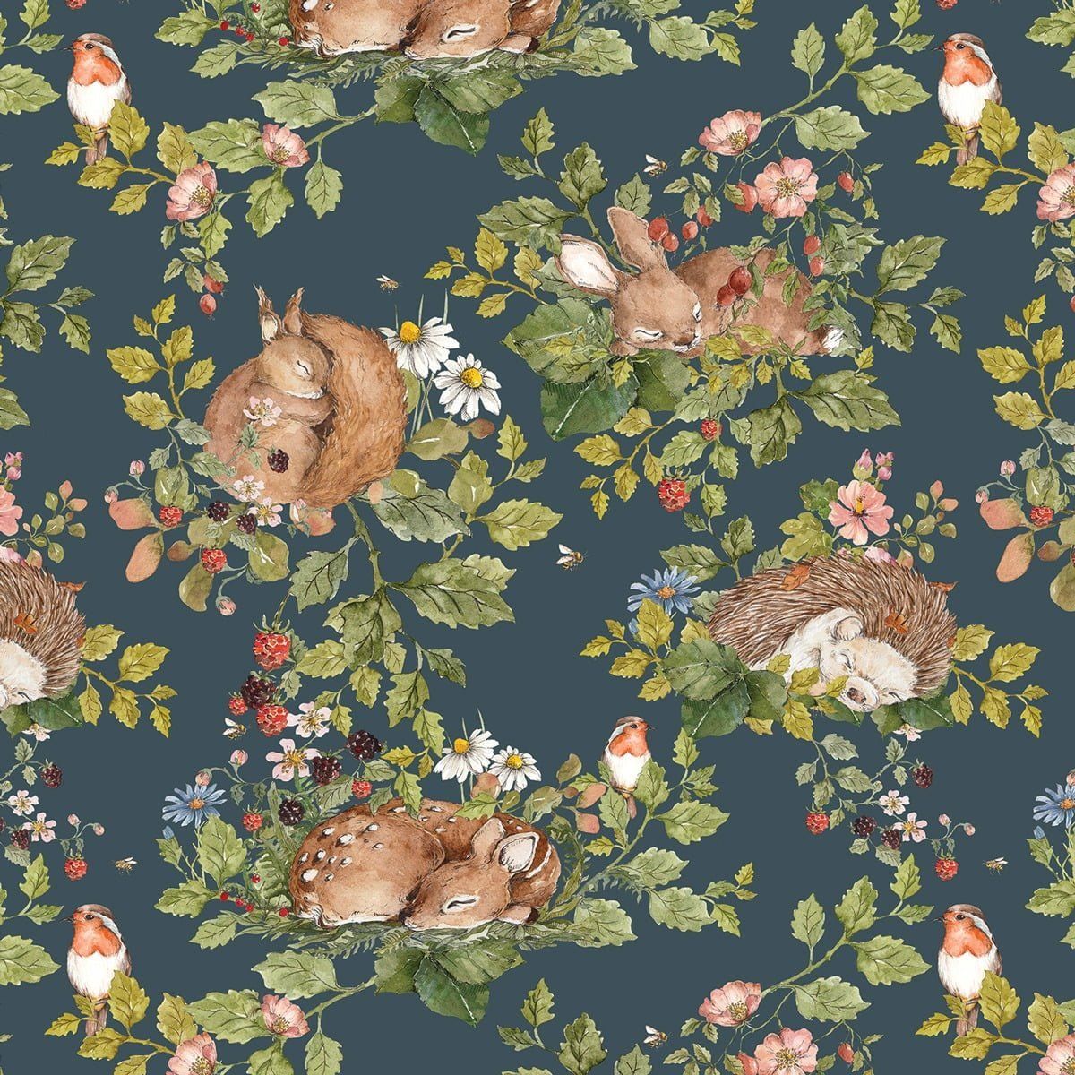 Papel Pintado Pequeños Animales Dormidos Oscuro (Little Sleepy Animals Dark Tapeta) – Dekornik