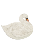 Alfombra lavable Swan de Lorena Canals con forma de cisne en tono marfil y pico en naranja, rosa y gris oscuro.