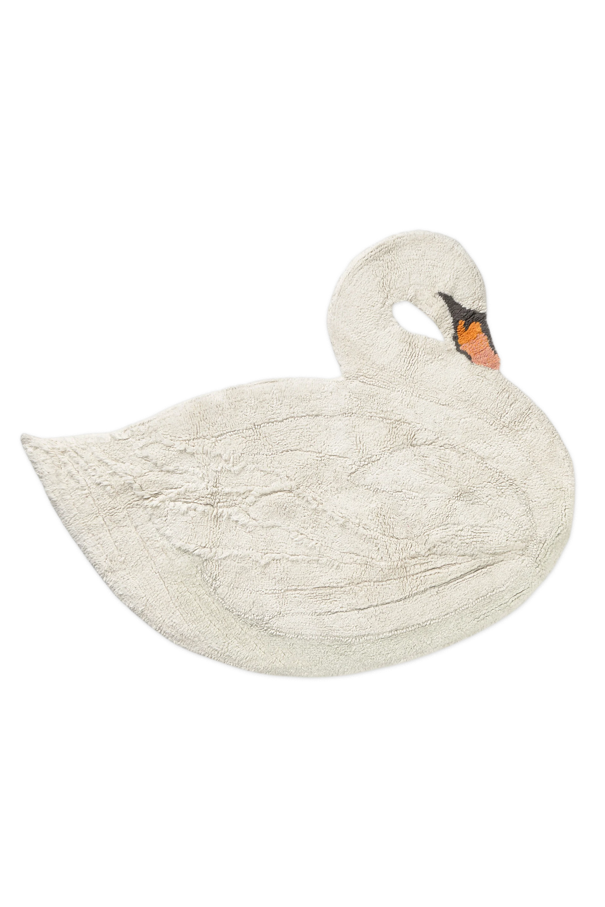 Alfombra lavable Swan de Lorena Canals con forma de cisne en tono marfil y pico en naranja, rosa y gris oscuro.